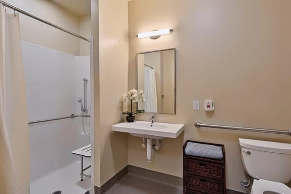 Brightly lit resident bathroom with shower and decor