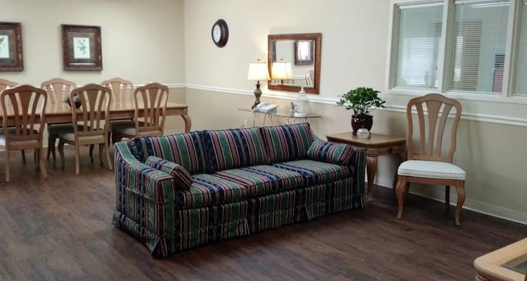 Cozy living room with colorful striped couch