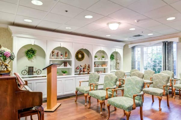 Interior common area with seating and a podium