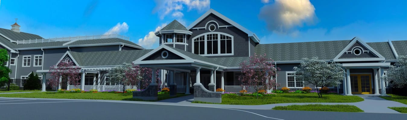 Exterior view of a senior living facility with landscaping