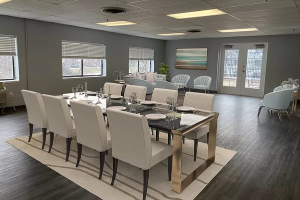 Elegant dining room setup in an assisted living facility