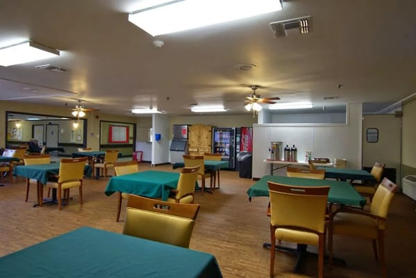 Interior view of the dining room with green tables and chairs
