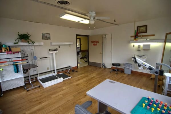 An occupational therapy room with therapy equipment and a wooden floor.
