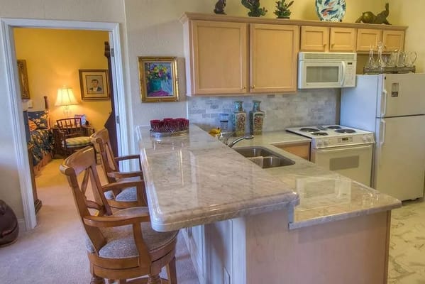 Modern kitchen with bar seating and visible living area