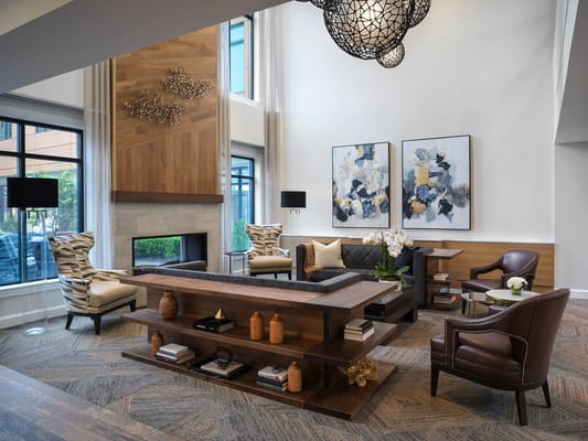 Modern lobby area with stylish decor and seating