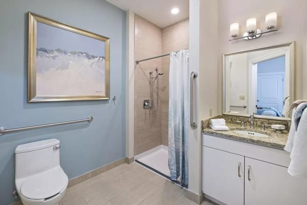 Modern bathroom with aesthetic decor and amenities