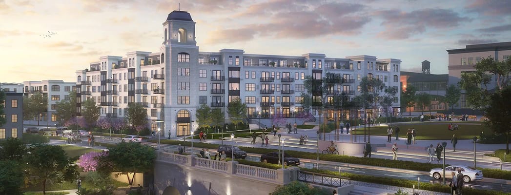 Exterior view of a senior living facility with outdoor space