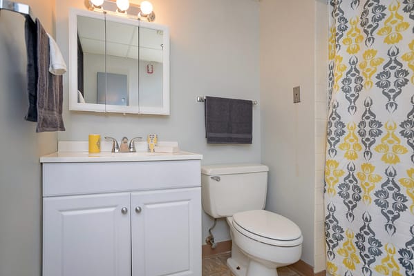 Clean and bright bathroom with sink, toilet, and decorative shower curtain