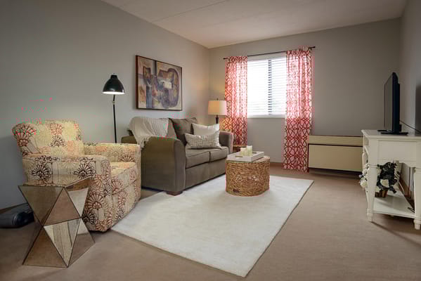 Comfortable living room with couch, armchair, and decorative items