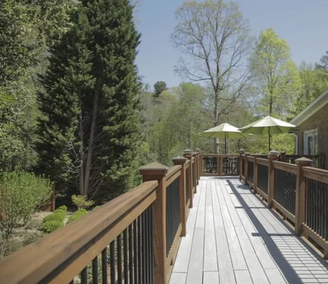 A wooden walkway with greenery on either side