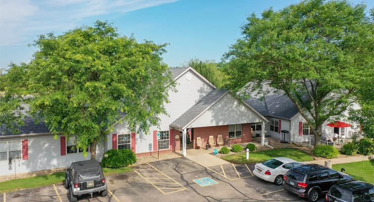 Aerial view of McFarland Villa Assisted Living building and parking area