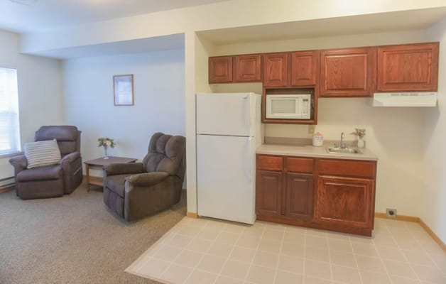 Interior view of a small apartment kitchenette and living area