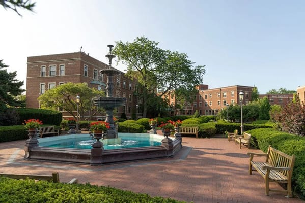 A tranquil garden featuring a fountain surrounded by decorative bushes and flowers.