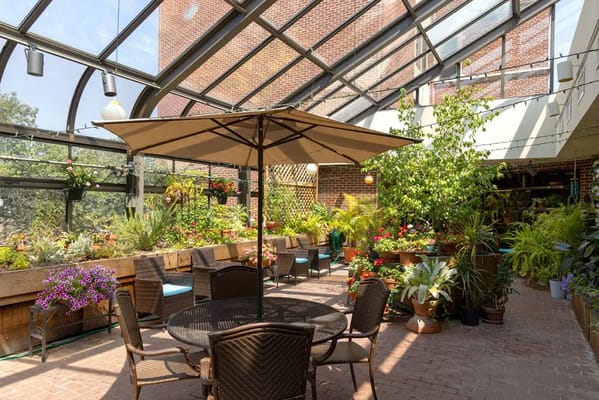Bright sunroom filled with plants and seating