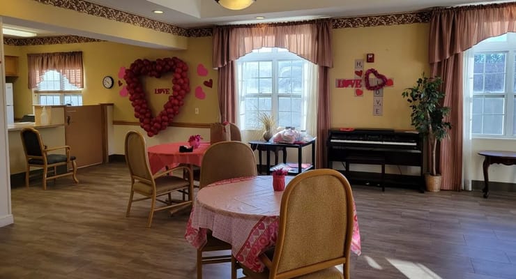 Interior view of a common area decorated with hearts