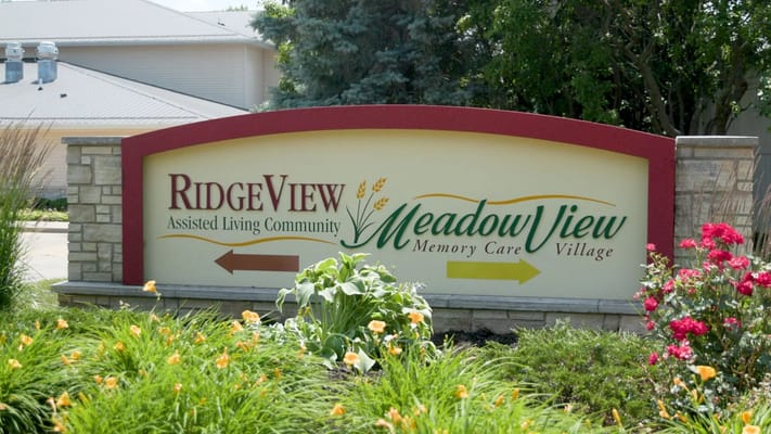 Sign for MeadowView Memory Care Village and RidgeView Assisted Living Community