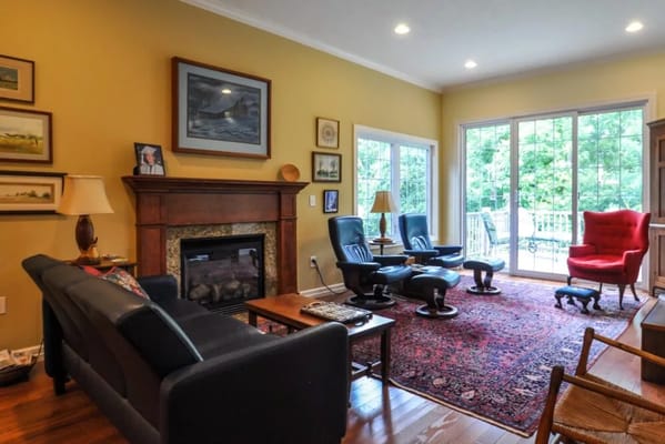 Comfortable living room with a fireplace and seating area