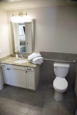 Brightly lit bathroom with modern amenities