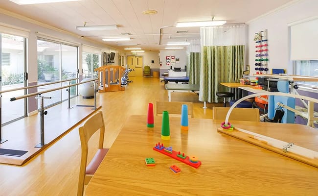 A therapy room equipped with exercise equipment and colorful therapy tools.