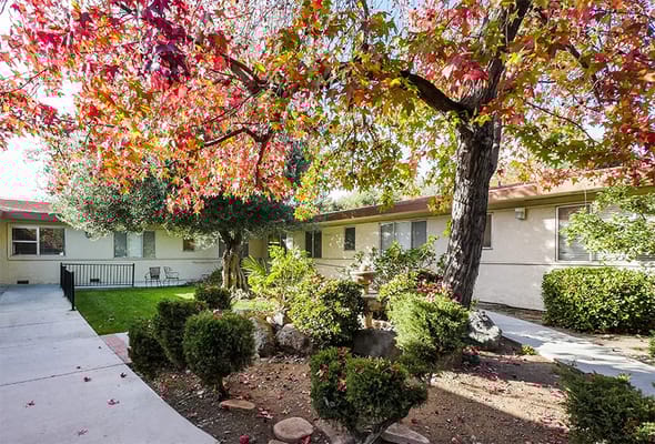 A serene garden scene with colorful autumn leaves and landscaped plants in front of the facility.
