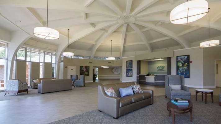 Bright and spacious common area with seating