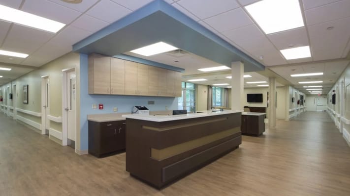 Bright reception area of a nursing facility