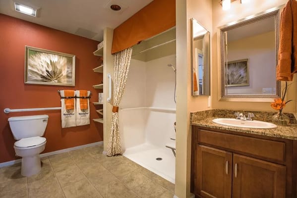 Brightly lit bathroom with modern fixtures
