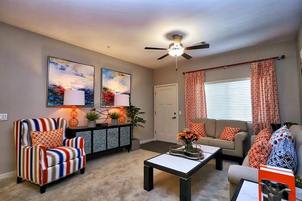 Bright and welcoming common area with cozy furniture