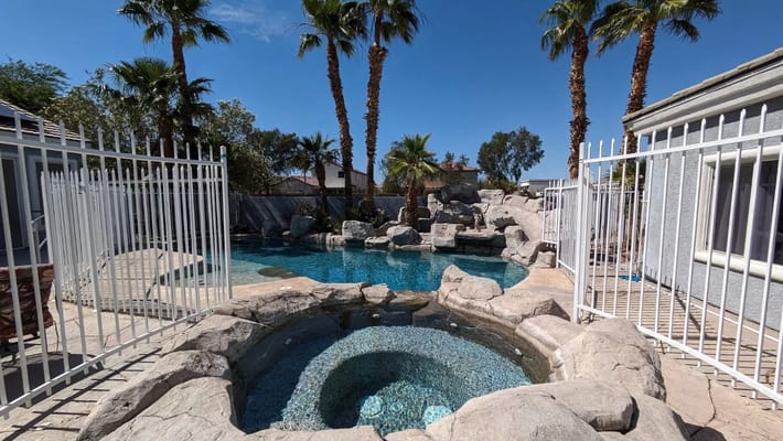 A scenic pool area with palm trees and rocks