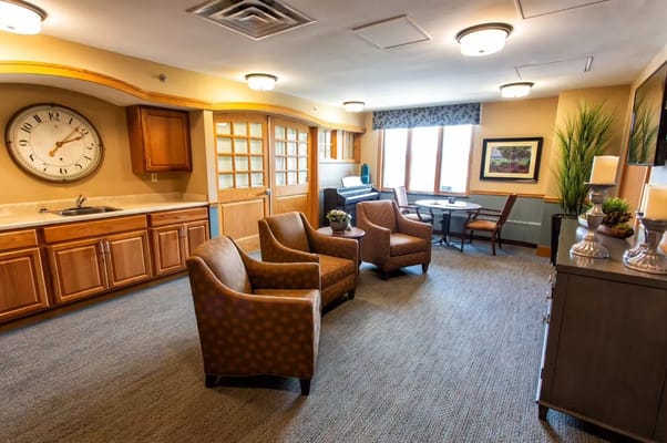 Cozy common area with seating and kitchenette