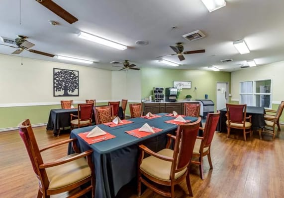 Bright dining room with neatly set tables