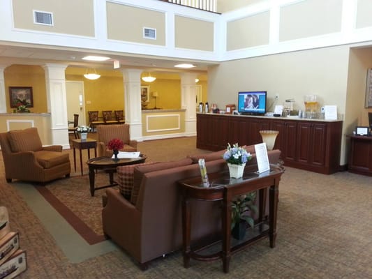 Inviting lobby space with comfortable seating and refreshments