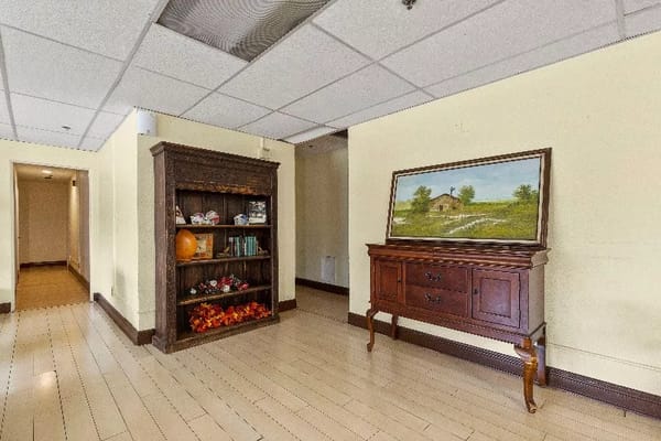 Interior view of a hallway with a bookshelf and a decorative cabinet.