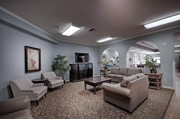 Living room area with seating and decorative plants