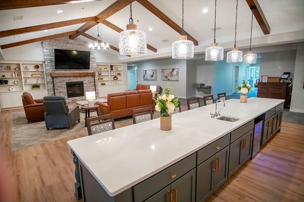 Bright common area with seating and a fireplace