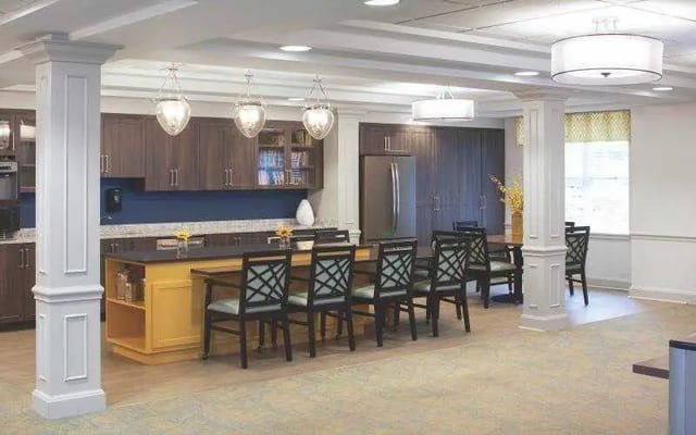 Bright communal kitchen space in a nursing home