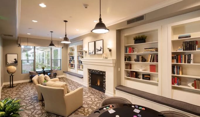 Lounge area featuring comfortable seating, bookshelves, and a fireplace