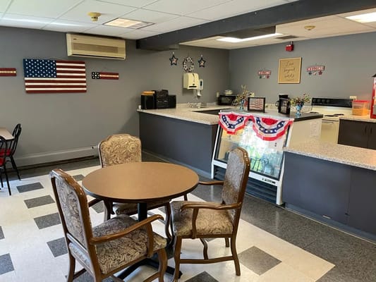 Interior view of a dining area with patriotic decor
