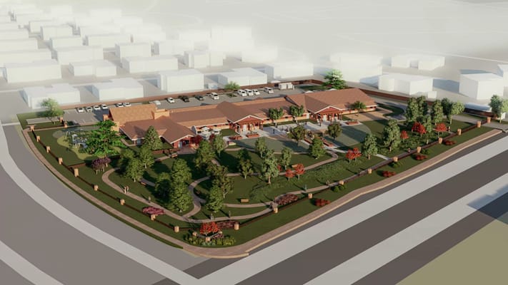 Aerial view of the assisted living facility and surrounding gardens