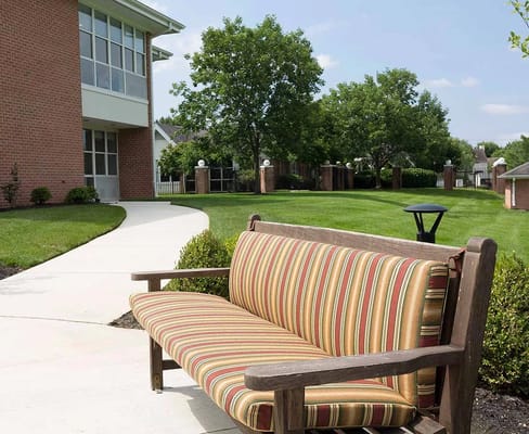 Outdoor seating area with pathway and greenery