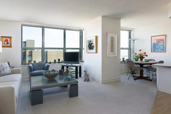 Bright, modern living room with large windows