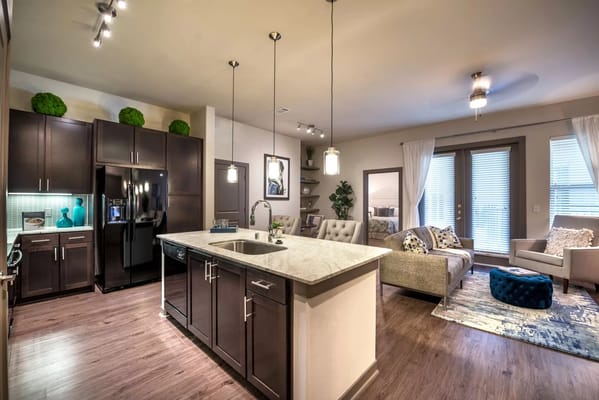 Modern kitchen and living room with cozy furnishings and natural light.