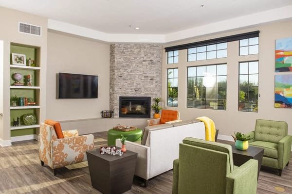 Interior common area with comfortable seating and fireplace