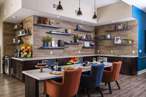 Bright dining area with food and colorful seating