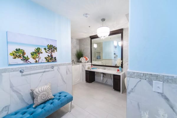 Brightly lit bathroom with modern decor