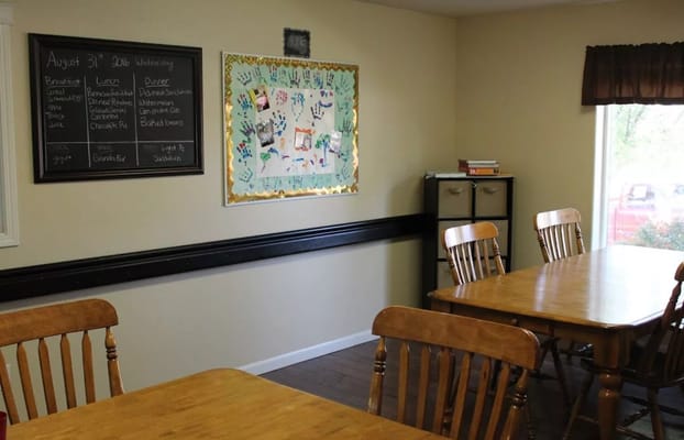 Interior view of a dining area with tables