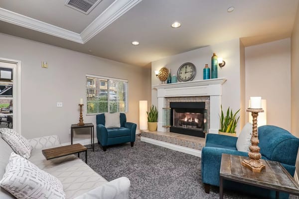 Cozy interior lounge with a fireplace and seating