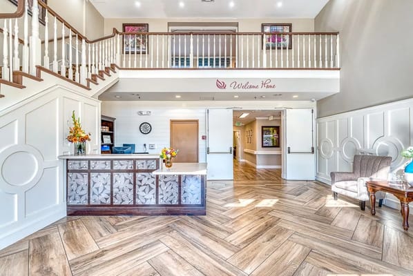 Bright and inviting lobby area with reception desk