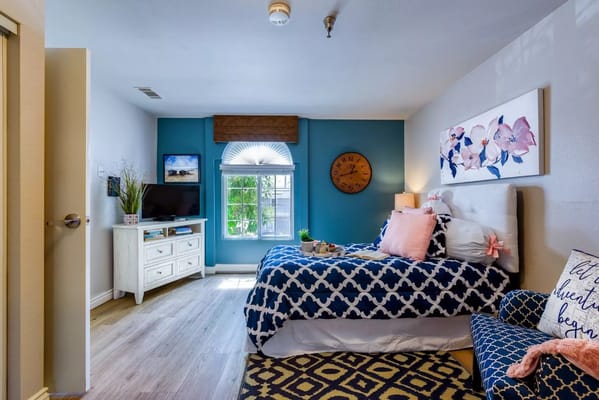 A bright and cozy bedroom with a blue accent wall, a bed with navy and white bedding, and modern furnishings.