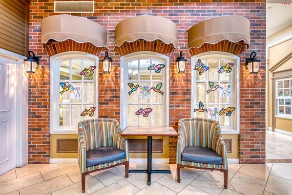 Bright common area with butterfly decorations